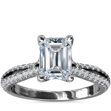 14k 白金綠寶石形切割鑽石分岔戒環訂婚戒指（1/4 克拉總重量）